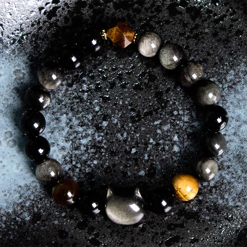 Natural Silver Sheen Obsidian Beads Cute Cat Soothing Bracelet