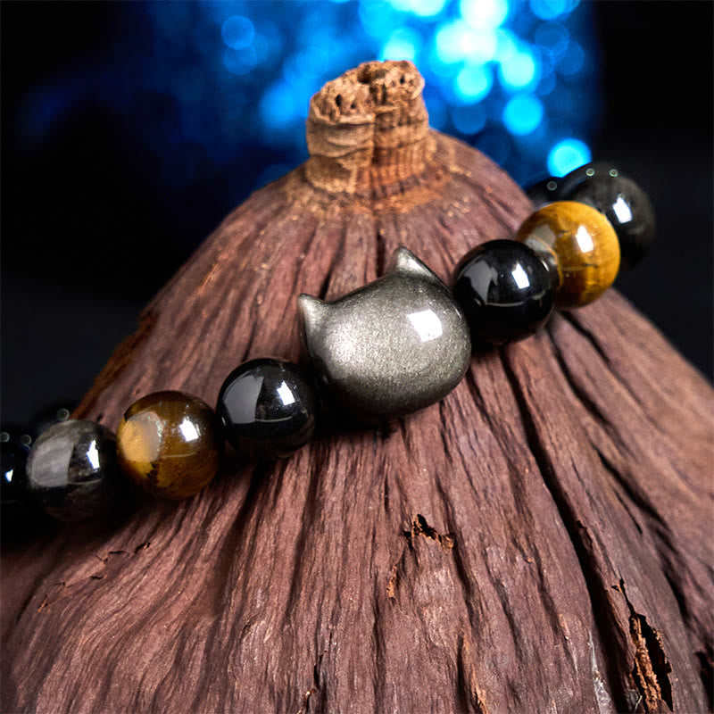 Natural Silver Sheen Obsidian Beads Cute Cat Soothing Bracelet