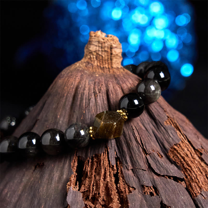 Natural Silver Sheen Obsidian Beads Cute Cat Soothing Bracelet
