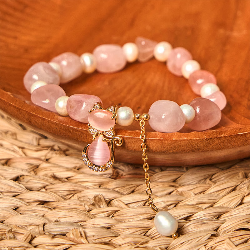 Natural Strawberry Quartz Pearl Cat Positive Bracelet
