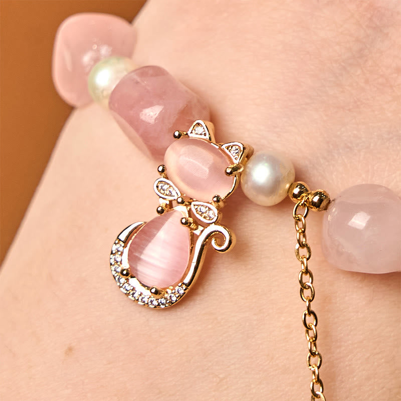Natural Strawberry Quartz Pearl Cat Positive Bracelet