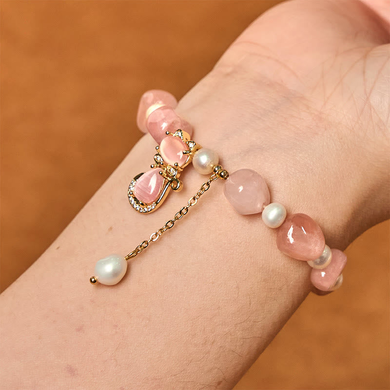 Natural Strawberry Quartz Pearl Cat Positive Bracelet