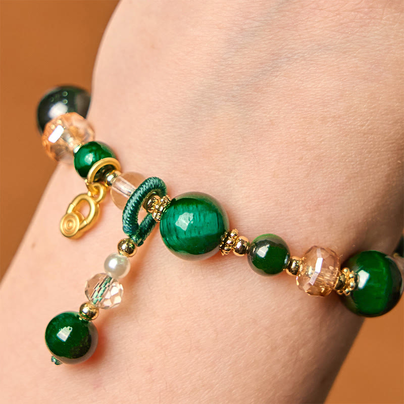 Natural Tiger Eye Beaded Bracelet with Copper Pixiu and Fox Totems