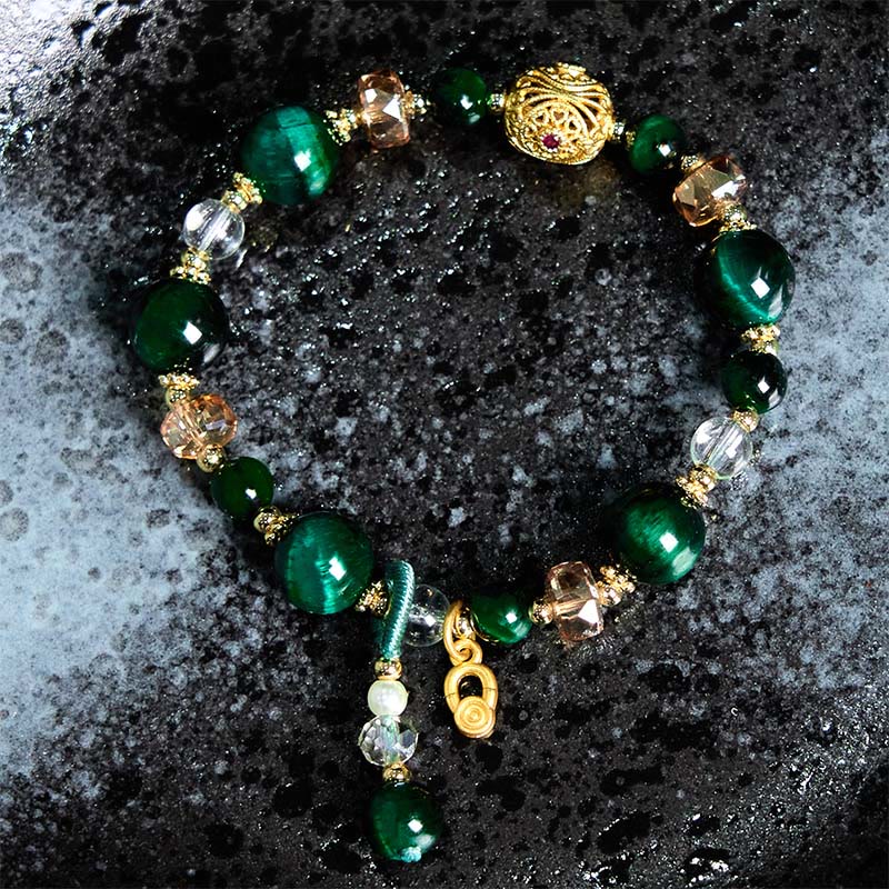 Natural Tiger Eye Beaded Bracelet with Copper Pixiu and Fox Totems