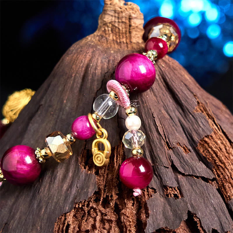 Natural Tiger Eye Beaded Bracelet with Copper Pixiu and Fox Totems