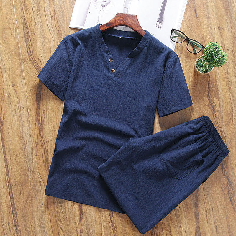 Cotton Linen Relaxed Fit Men's Meditation Shirt and Shorts Set