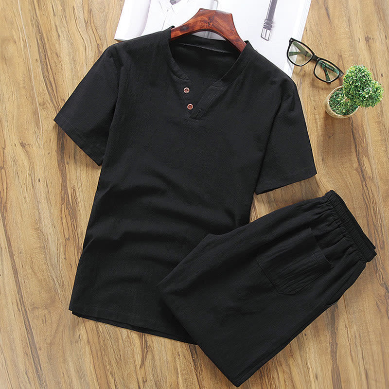 Cotton Linen Relaxed Fit Men's Meditation Shirt and Shorts Set