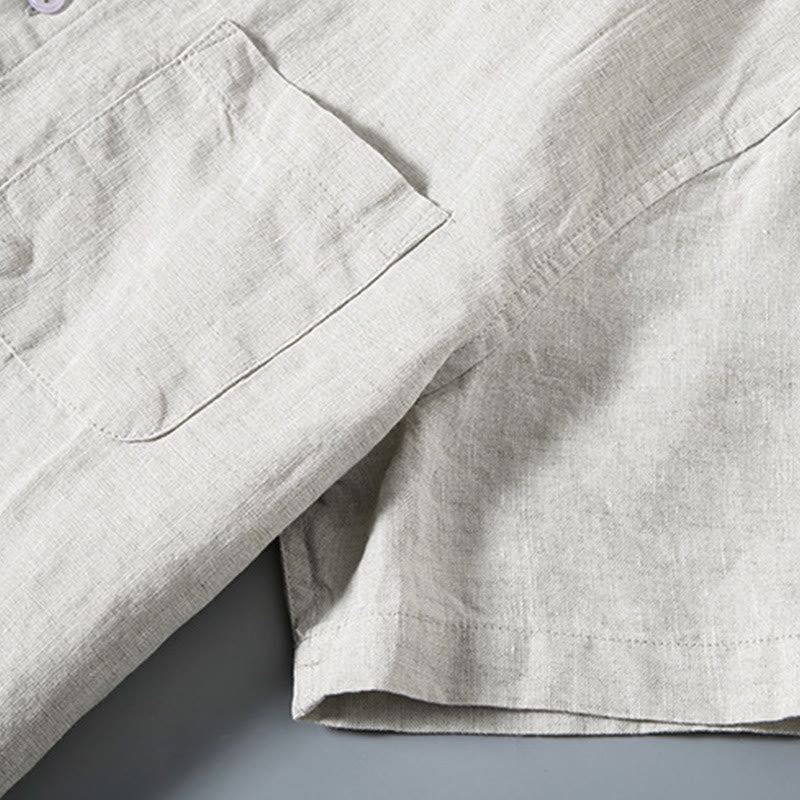 Summer Casual Pure Color Button Cotton Men's Short Sleeve Shirt WIth Pocket