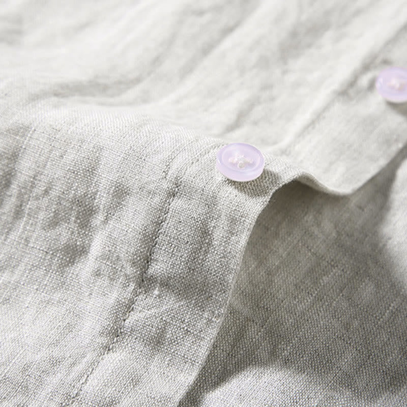 Summer Casual Pure Color Button Cotton Men's Short Sleeve Shirt WIth Pocket