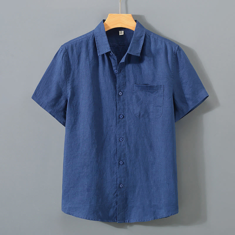 Summer Casual Pure Color Button Cotton Men's Short Sleeve Shirt WIth Pocket