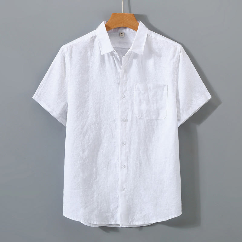 Summer Casual Pure Color Button Cotton Men's Short Sleeve Shirt WIth Pocket