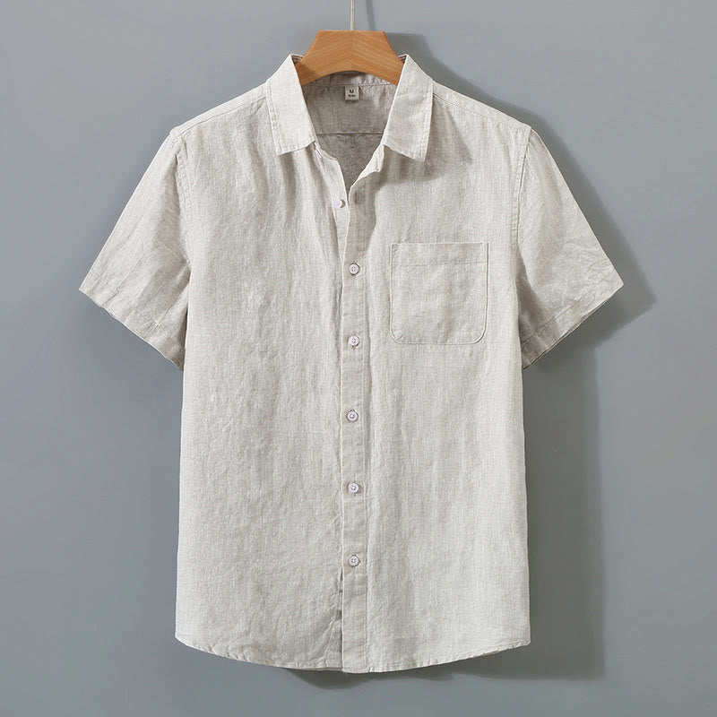 Summer Casual Pure Color Button Cotton Men's Short Sleeve Shirt WIth Pocket