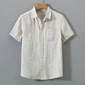 Summer Casual Pure Color Button Cotton Men's Short Sleeve Shirt WIth Pocket