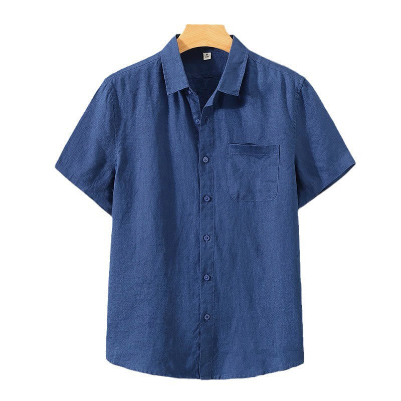 Summer Casual Pure Color Button Cotton Men's Short Sleeve Shirt WIth Pocket