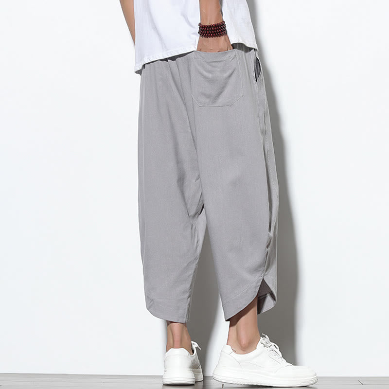 Casual Summer Drawstring 7-8 Length Linen Men's Harem Pants With Pockets
