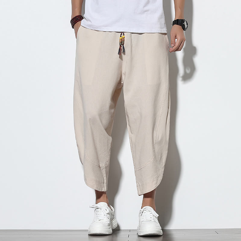 Casual Summer Drawstring 7-8 Length Linen Men's Harem Pants With Pockets