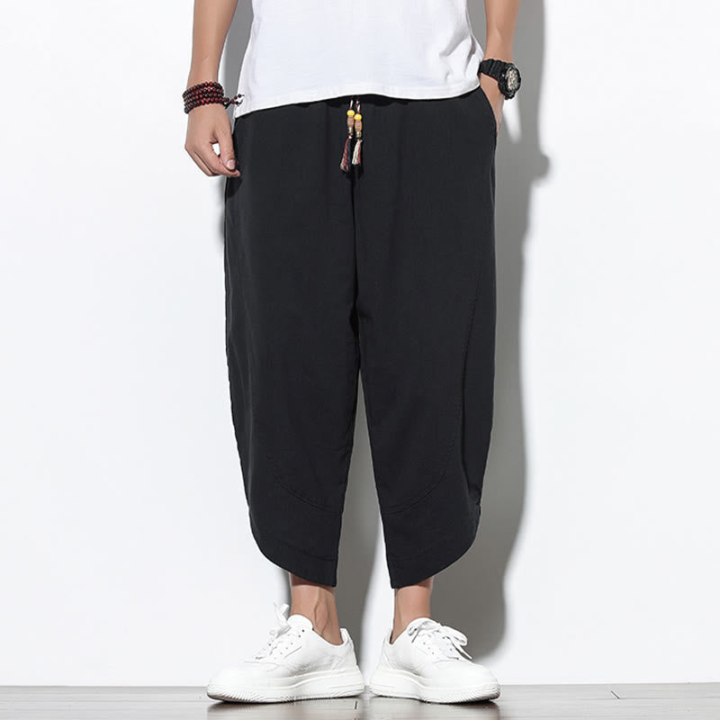 Casual Summer Drawstring 7-8 Length Linen Men's Harem Pants With Pockets