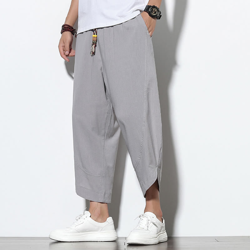 Casual Summer Drawstring 7-8 Length Linen Men's Harem Pants With Pockets