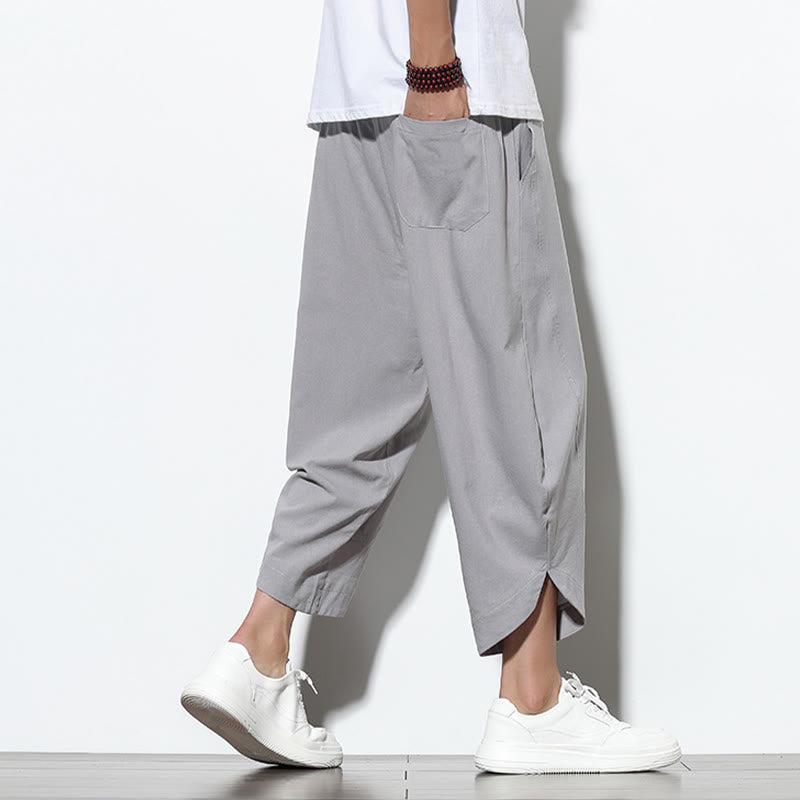 Casual Summer Drawstring 7-8 Length Linen Men's Harem Pants With Pockets