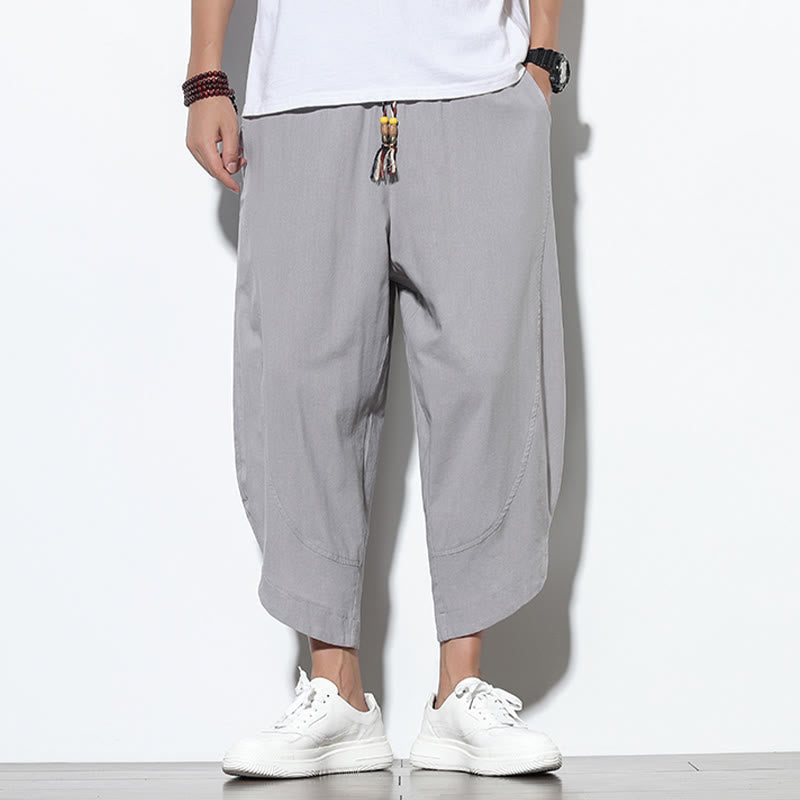 Casual Summer Drawstring 7-8 Length Linen Men's Harem Pants With Pockets