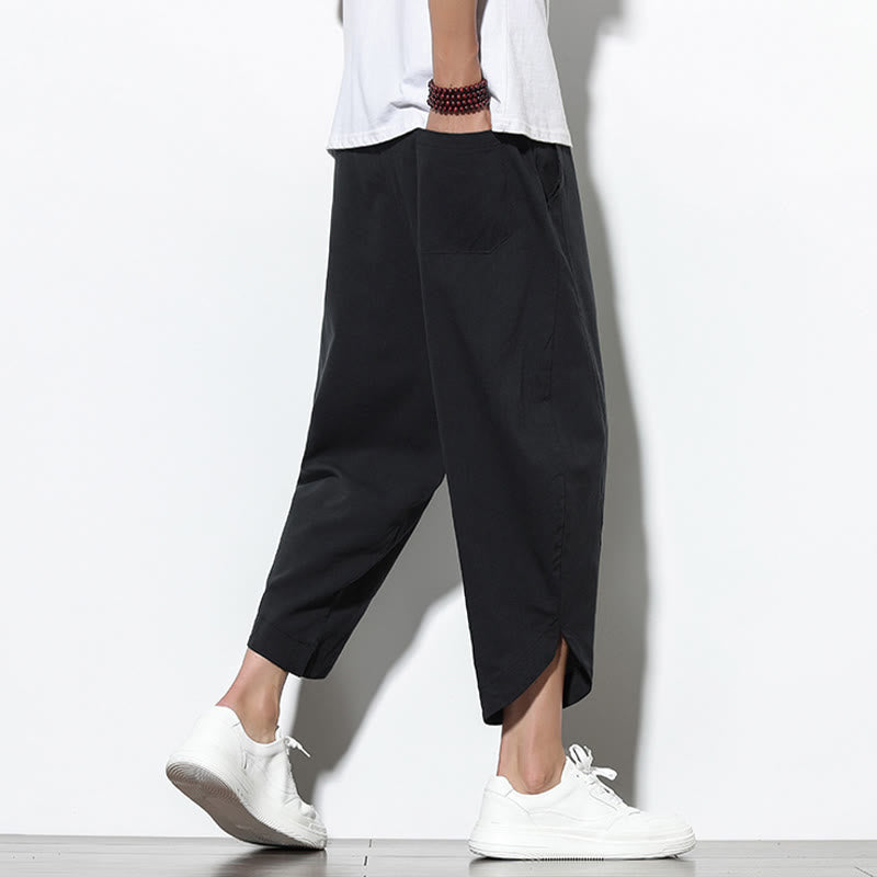 Casual Summer Drawstring 7-8 Length Linen Men's Harem Pants With Pockets