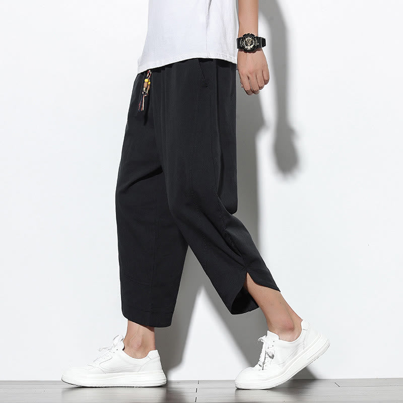 Casual Summer Drawstring 7-8 Length Linen Men's Harem Pants With Pockets