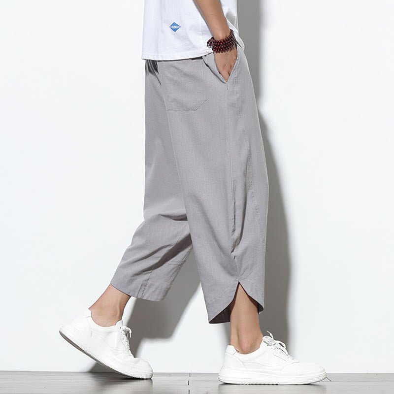 Casual Summer Drawstring 7-8 Length Linen Men's Harem Pants With Pockets