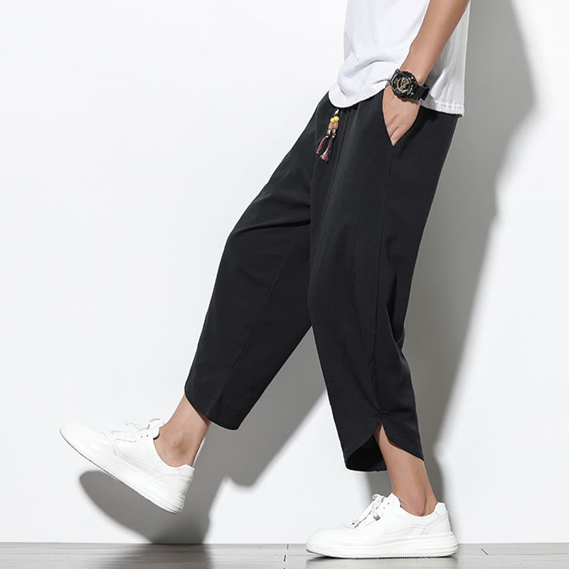 Casual Summer Drawstring 7-8 Length Linen Men's Harem Pants With Pockets