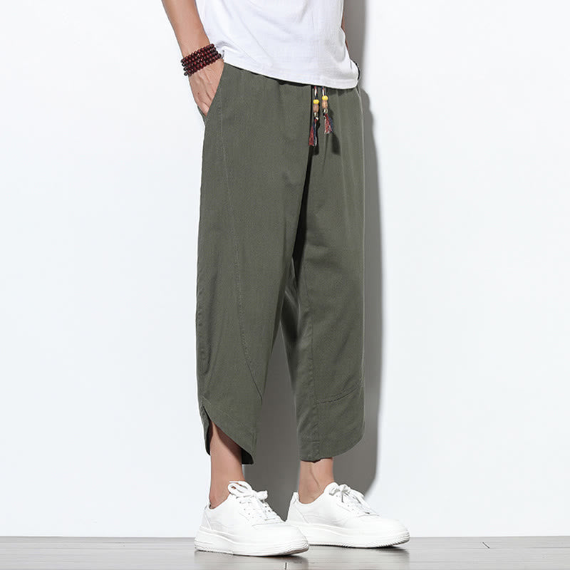 Casual Summer Drawstring 7-8 Length Linen Men's Harem Pants With Pockets