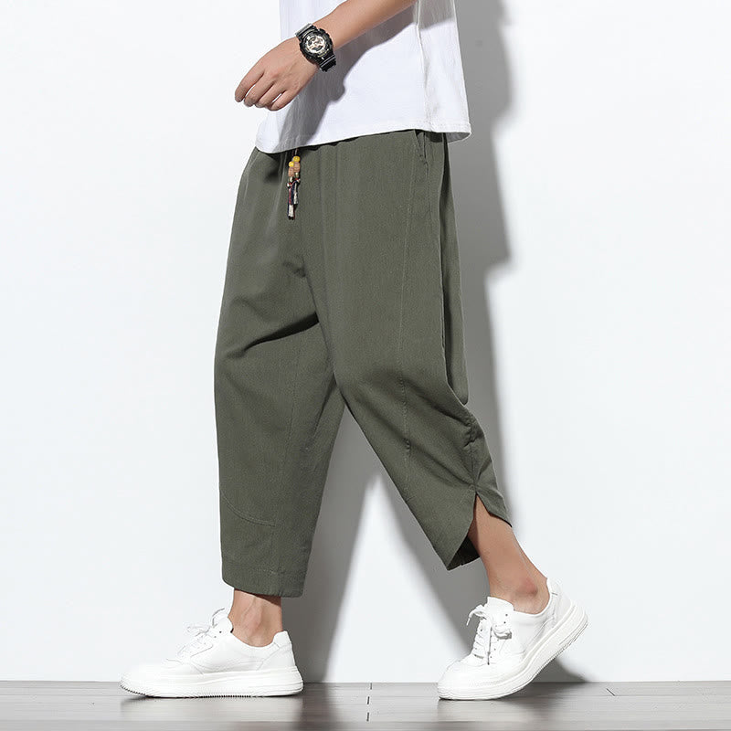 Casual Summer Drawstring 7-8 Length Linen Men's Harem Pants With Pockets