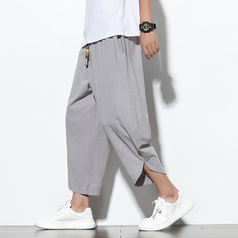 Casual Summer Drawstring 7-8 Length Linen Men's Harem Pants With Pockets