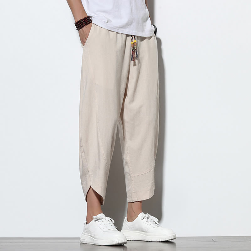 Casual Summer Drawstring 7-8 Length Linen Men's Harem Pants With Pockets