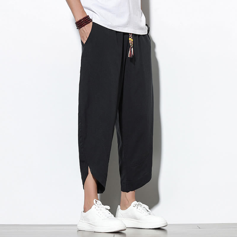 Casual Summer Drawstring 7-8 Length Linen Men's Harem Pants With Pockets