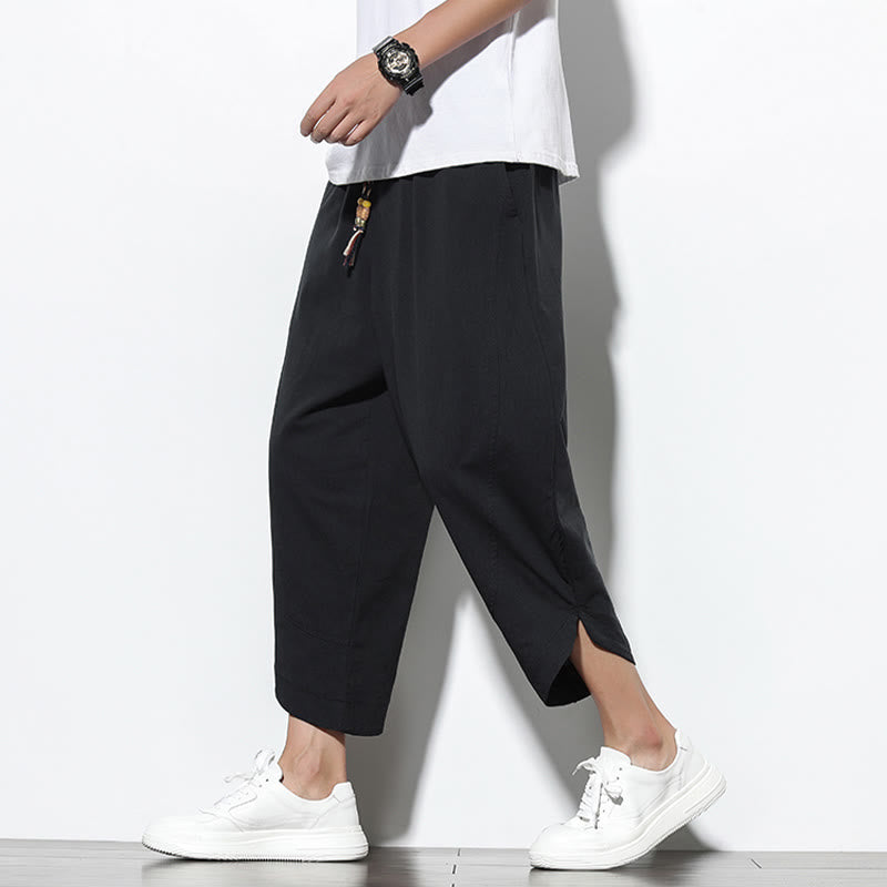 Casual Summer Drawstring 7-8 Length Linen Men's Harem Pants With Pockets