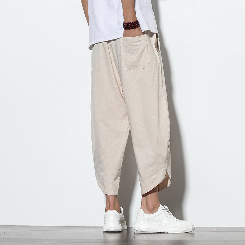 Casual Summer Drawstring 7-8 Length Linen Men's Harem Pants With Pockets