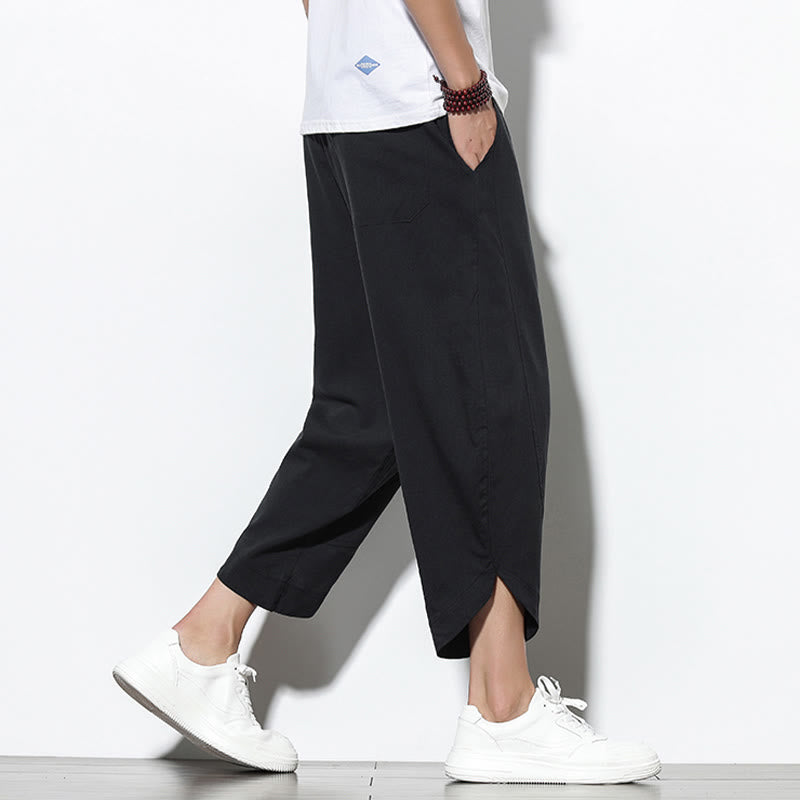 Casual Summer Drawstring 7-8 Length Linen Men's Harem Pants With Pockets