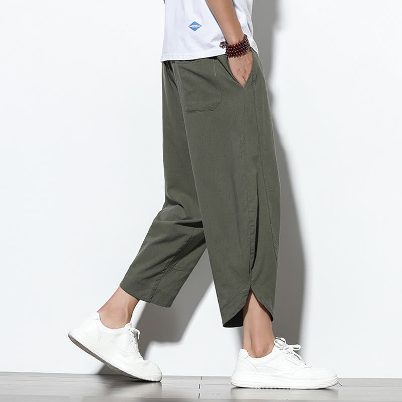 Casual Summer Drawstring 7-8 Length Linen Men's Harem Pants With Pockets
