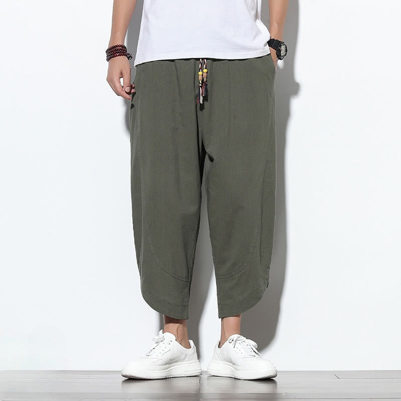 Casual Summer Drawstring 7-8 Length Linen Men's Harem Pants With Pockets