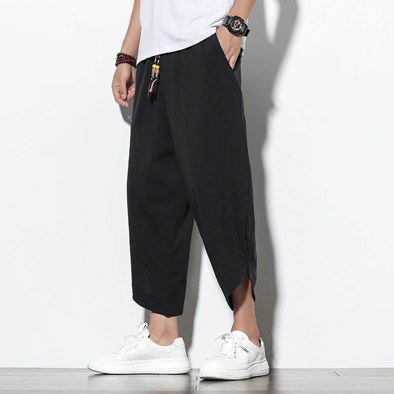 Casual Summer Drawstring 7-8 Length Linen Men's Harem Pants With Pockets
