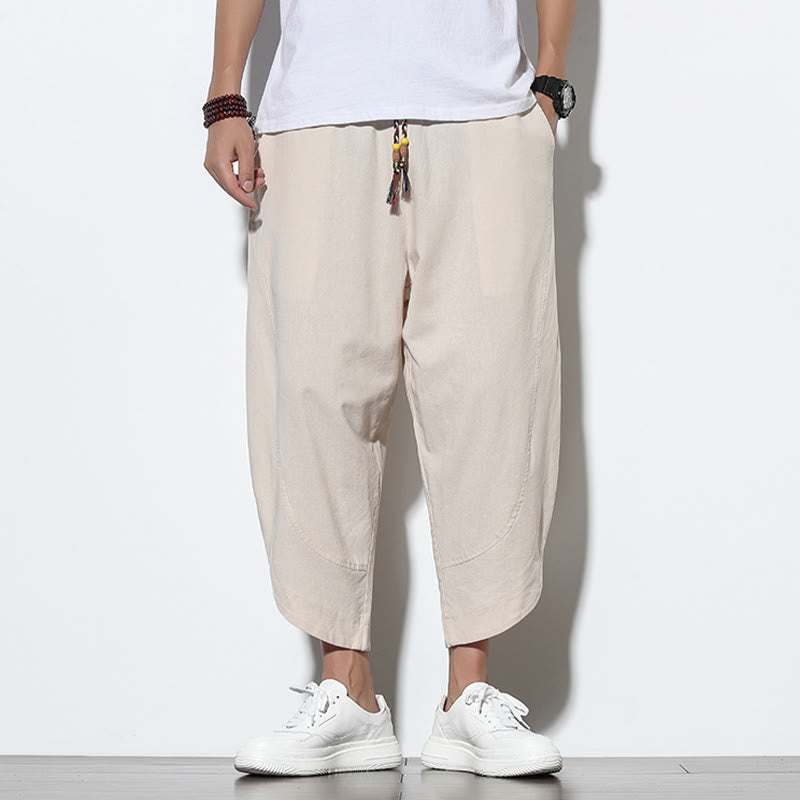 Casual Summer Drawstring 7-8 Length Linen Men's Harem Pants With Pockets
