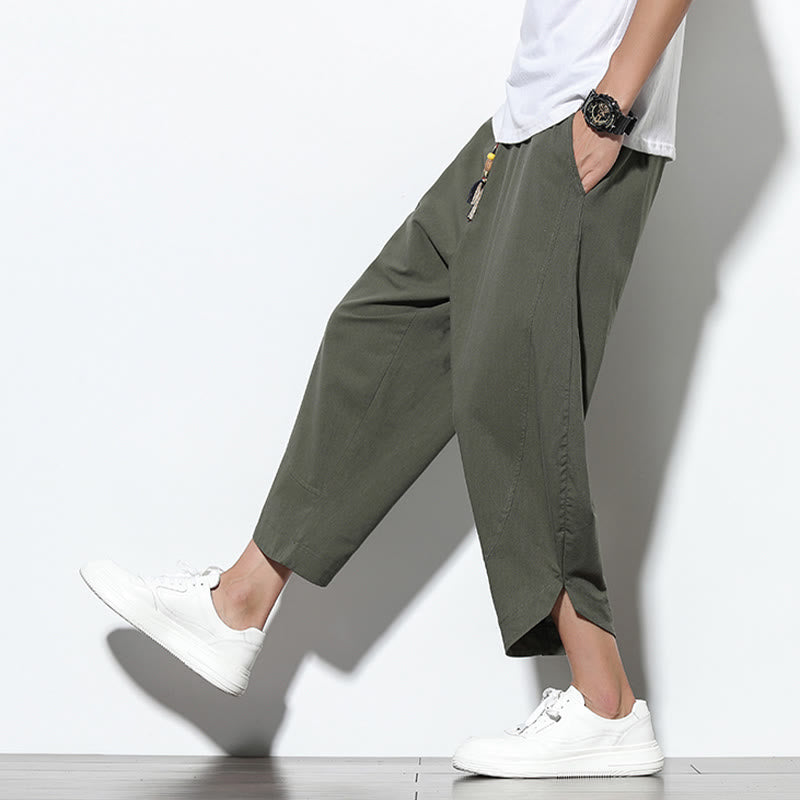 Casual Summer Drawstring 7-8 Length Linen Men's Harem Pants With Pockets