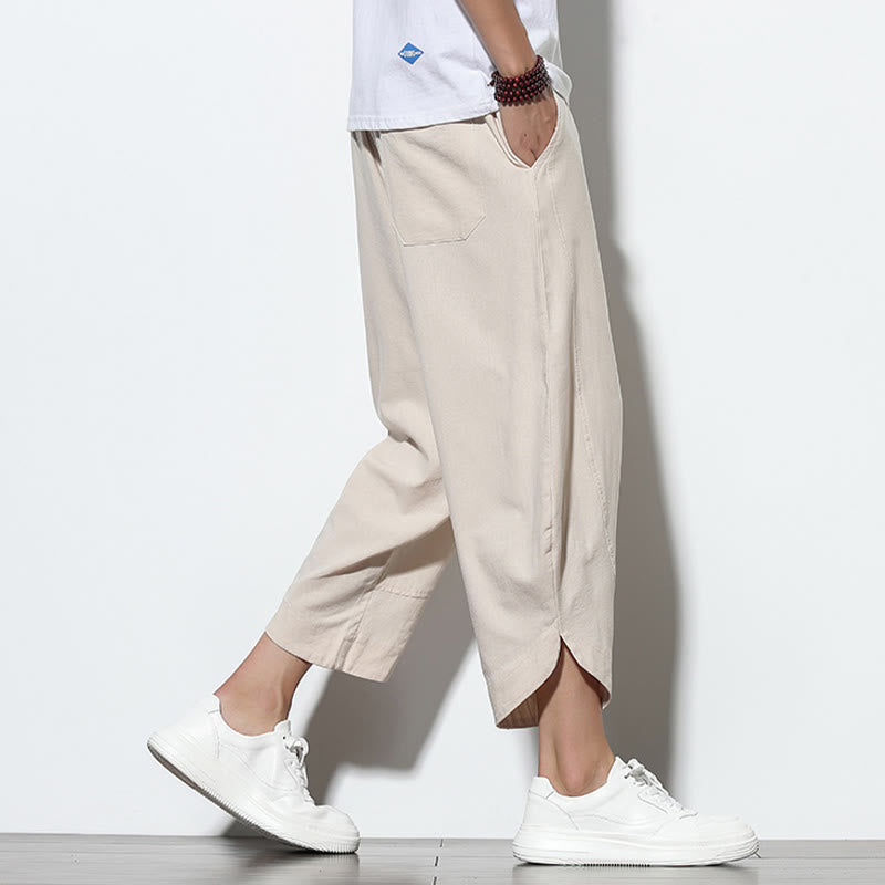 Casual Summer Drawstring 7-8 Length Linen Men's Harem Pants With Pockets