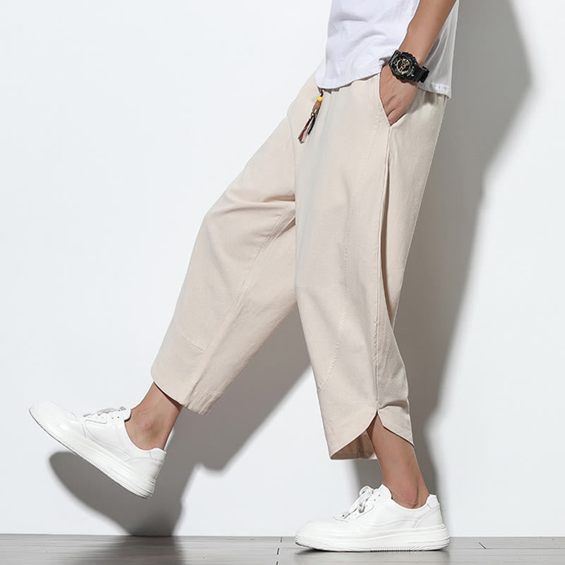 Casual Summer Drawstring 7-8 Length Linen Men's Harem Pants With Pockets