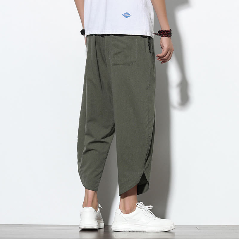 Casual Summer Drawstring 7-8 Length Linen Men's Harem Pants With Pockets
