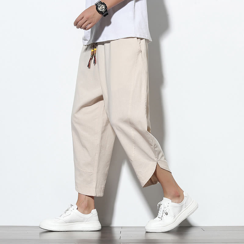 Casual Summer Drawstring 7-8 Length Linen Men's Harem Pants With Pockets