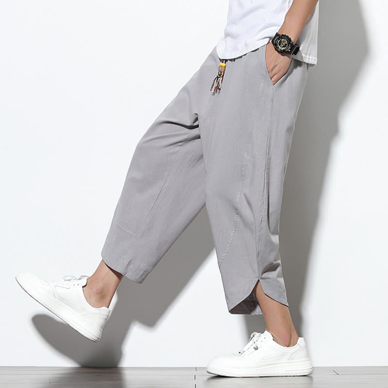 Casual Summer Drawstring 7-8 Length Linen Men's Harem Pants With Pockets