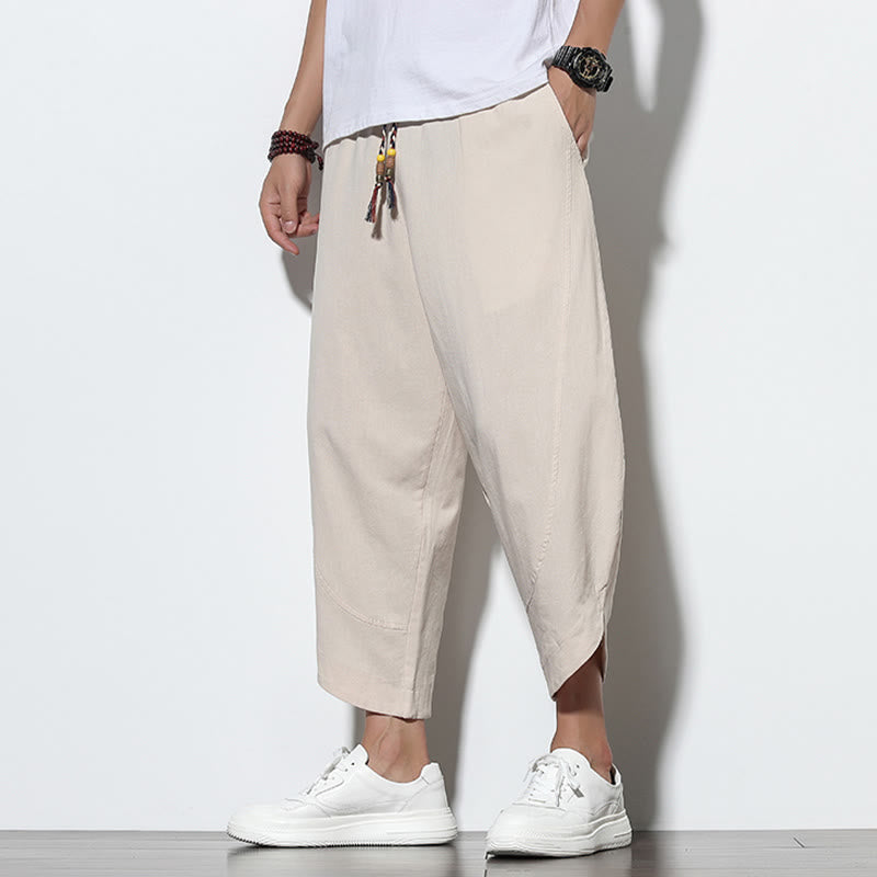 Casual Summer Drawstring 7-8 Length Linen Men's Harem Pants With Pockets