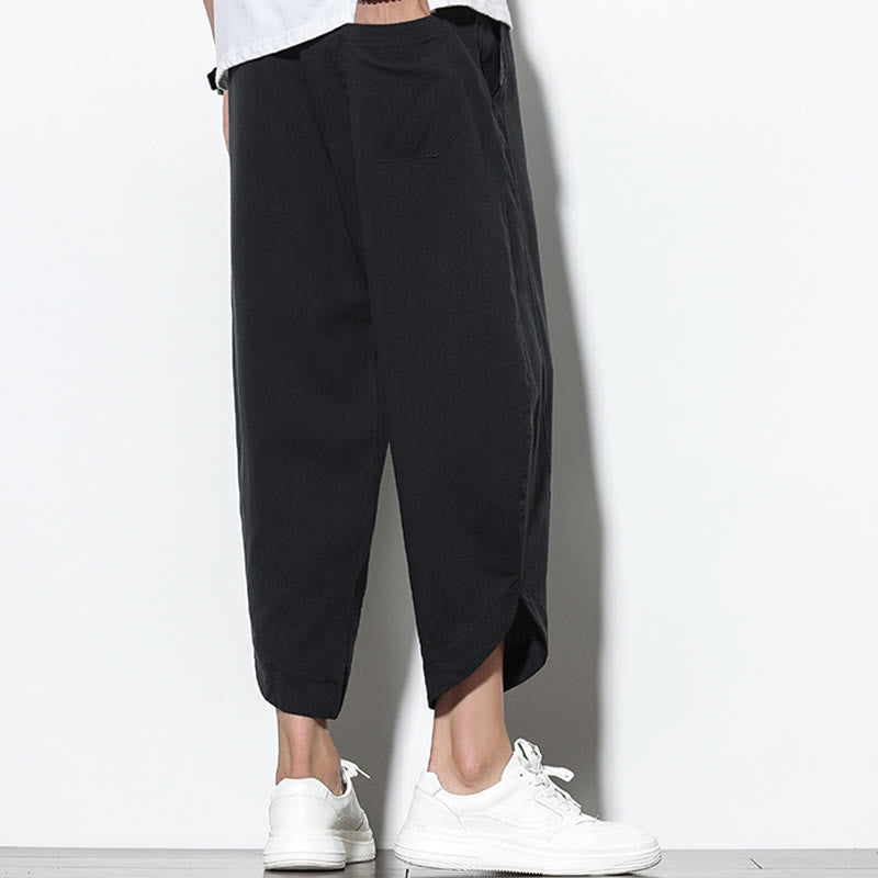 Casual Summer Drawstring 7-8 Length Linen Men's Harem Pants With Pockets