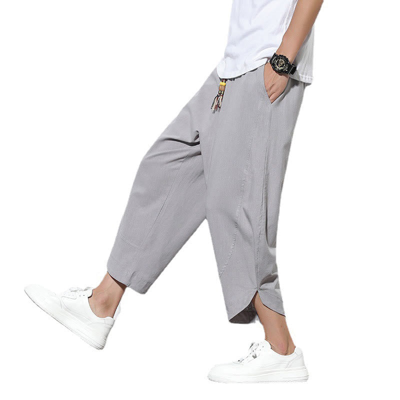 Casual Summer Drawstring 7-8 Length Linen Men's Harem Pants With Pockets