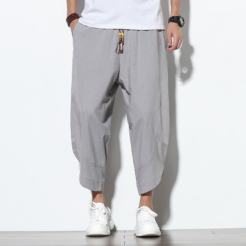 Casual Summer Drawstring 7-8 Length Linen Men's Harem Pants With Pockets